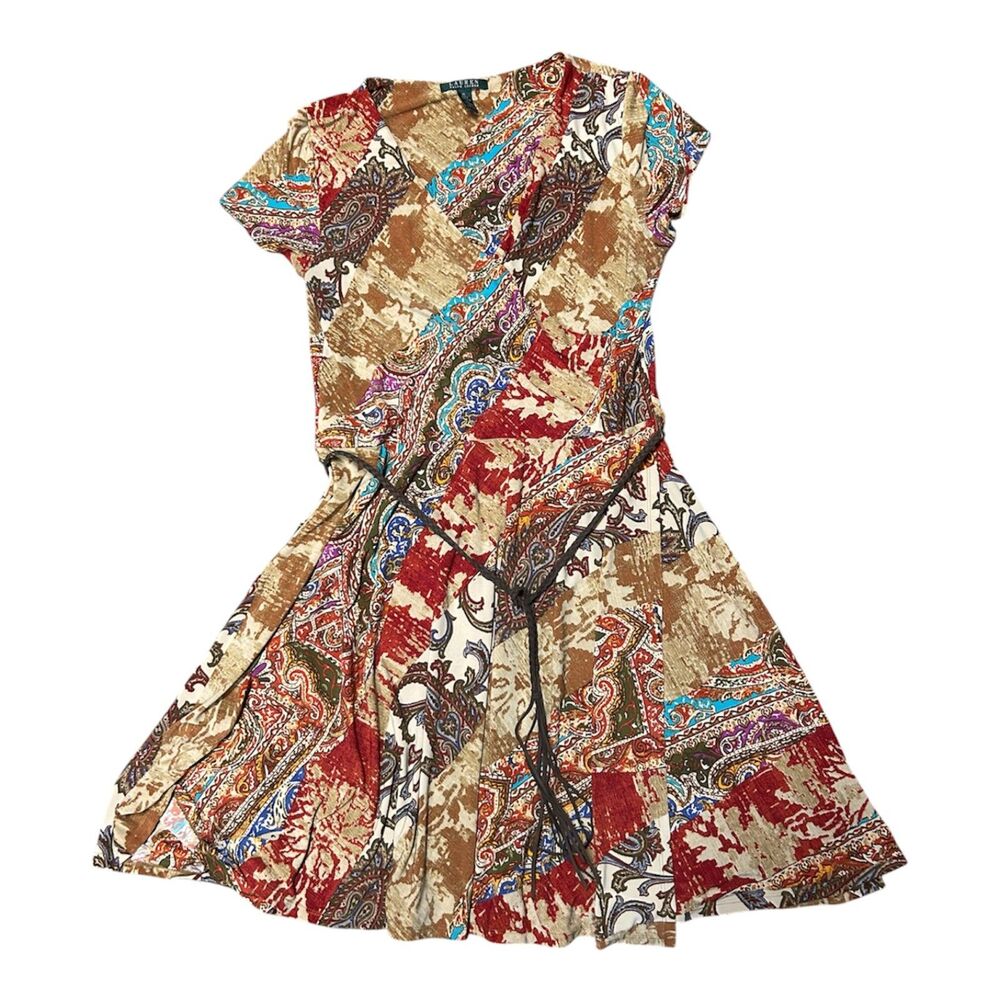 Lauren Ralph Lauren, Women's Midi Flowy Faux Wrap Dress, XL, Multicolor, Used